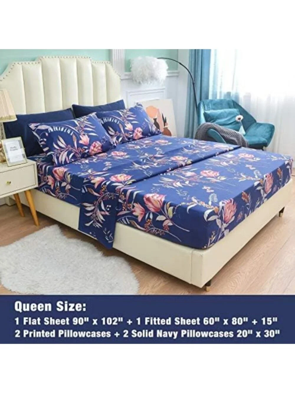 Navy Blue Floral Queen Sheet Set, 6-Piece Soft Microfiber, Extra Deep Pocket
